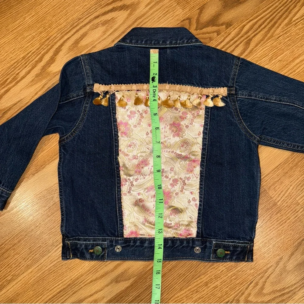 OshKosh B'gosh‎ Upcycled Dark Blue Jean Jacket with Pink Brocade Detail